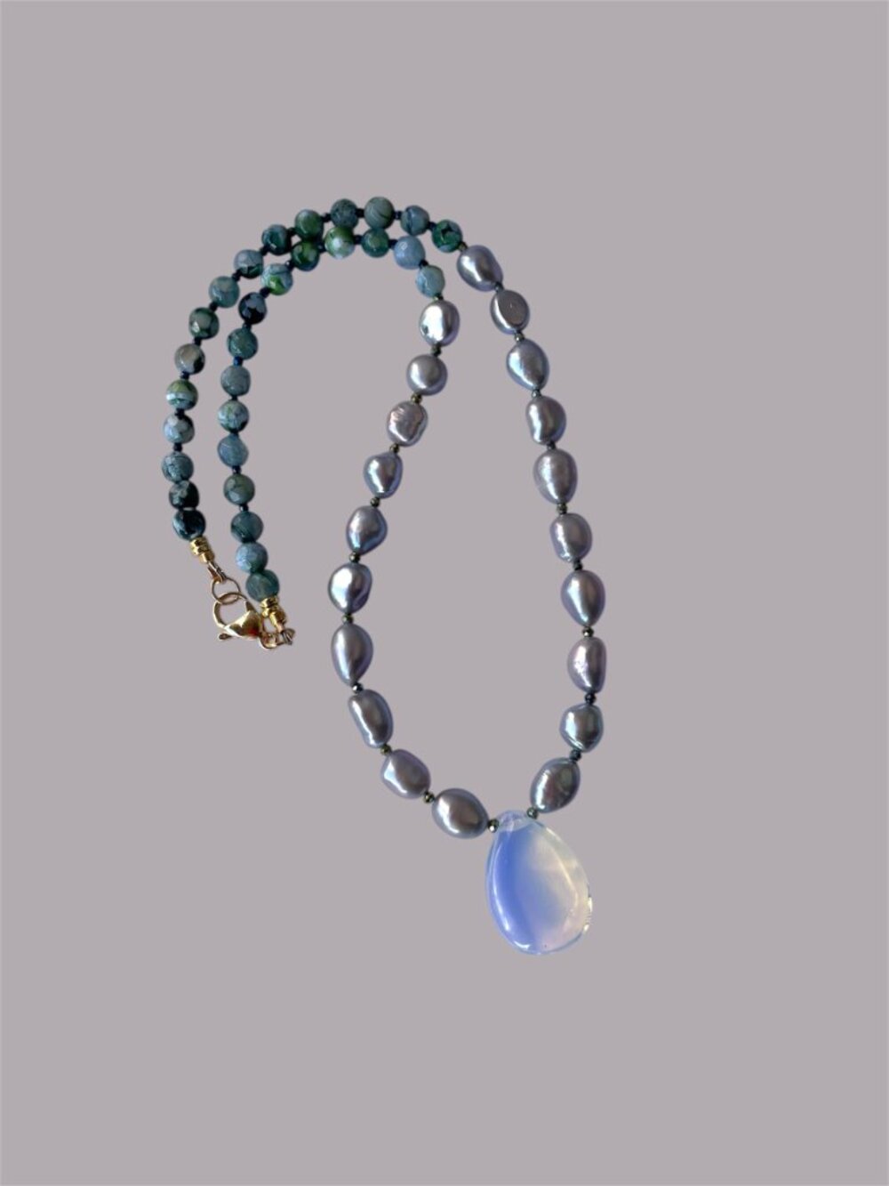 Baroque Natural Pearl Blue Opalite Teardrop Necklace - Picture 2 of 4